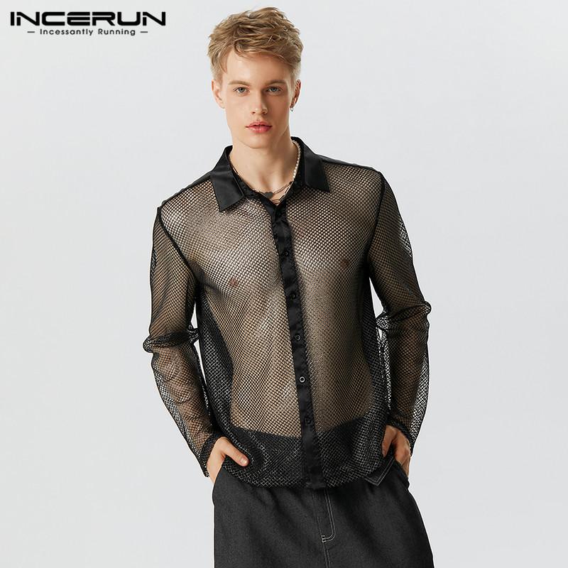 

INCERUN Мужские прозрачные черные рубашки с отверстиями и сетчатые топы