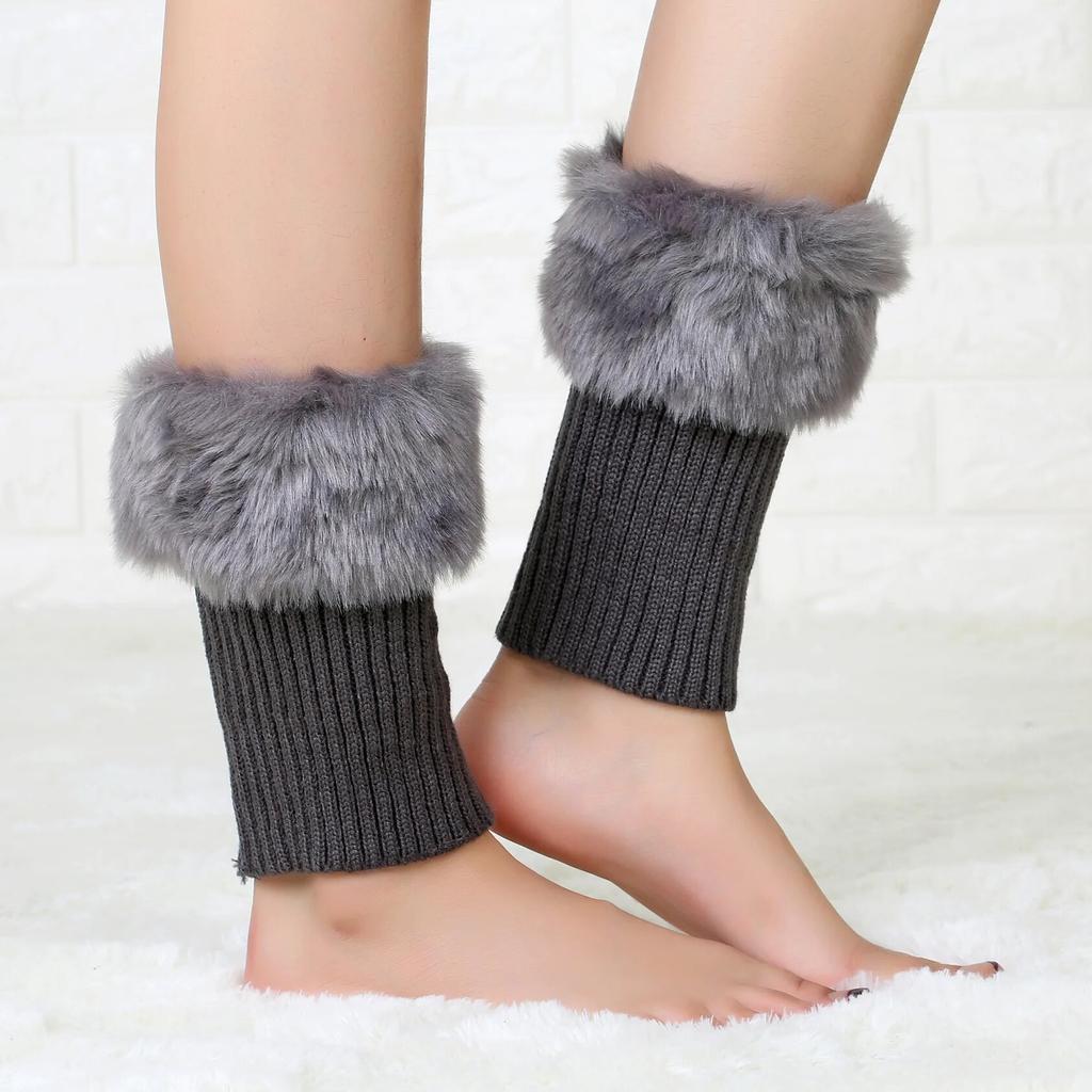 Women Leg Warmers Winter Autumn Lady Crochet Knitted Fur Trim Leg Boat Socks Thick Boot Cuffs Ankle Warm Foot Cover