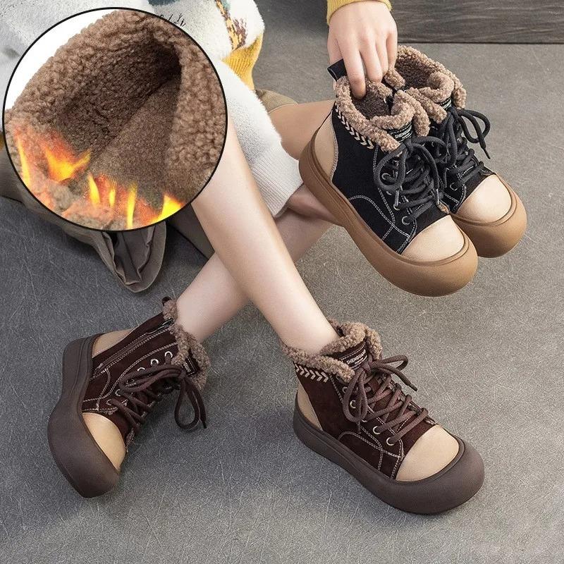 Johnature Retro Mixed Colors Plush Warm Short Boots Genuine Leather Thick Soled Women's Shoes