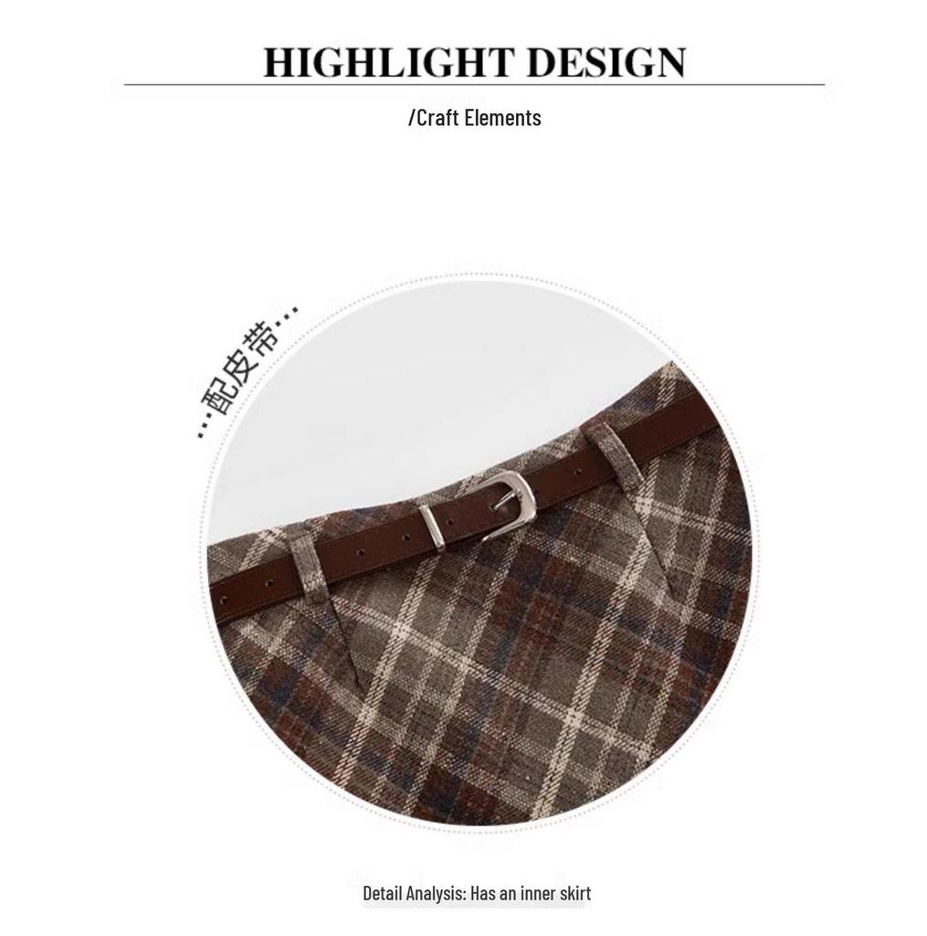 Melanoid Retro Plaid High-Waist Wool Skirt - Women's Trendy Slimming Comfort for Spring/Autumn 2026