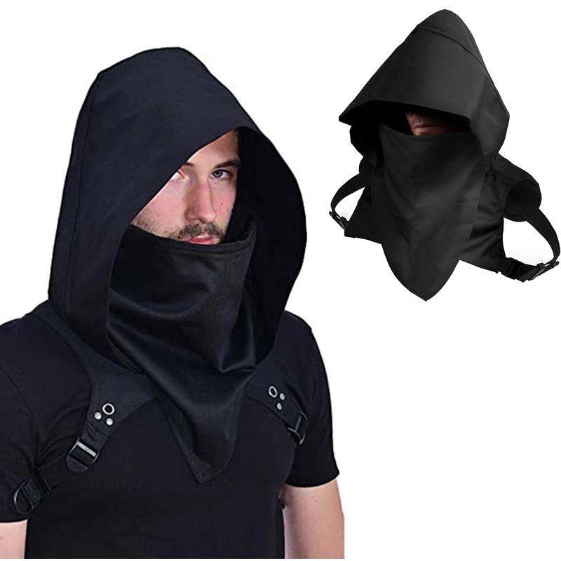 Men's Medieval Vintage Pirate Cosplay Hooded Cloak Black Cyberpunk Rogue Cowl Hood Scarf Halloween Party Costume Props