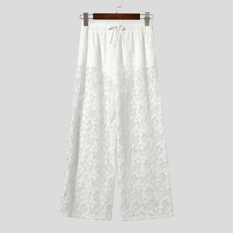 INCERUN Men Drawstring Elastic Waist Lace Patchwork Beach Loose Long Pants