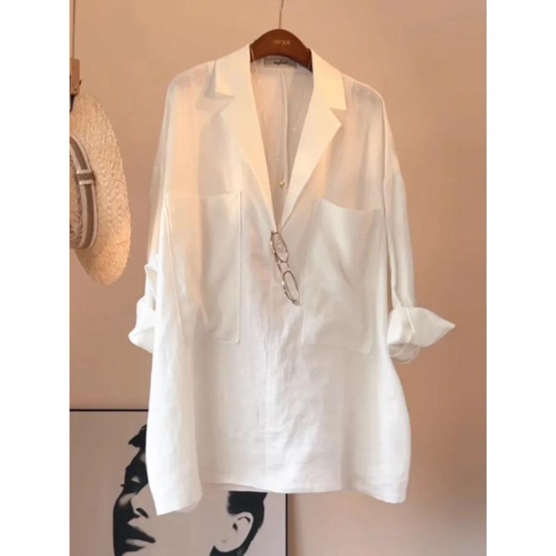 

Summer White Linen Blouse for Womens Lapel Collar Long Sleeve Top M белый