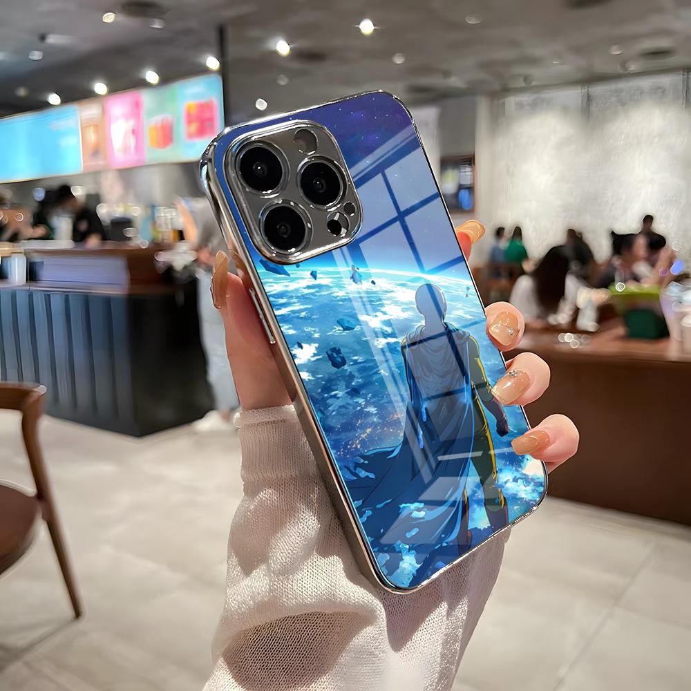 One-Punch Man Phone Case For IPhone 17 Pro Max 15 Pro 16 14 Plus 12 13 Mini 11 Pro Shockproof Electroplated Glass Cover