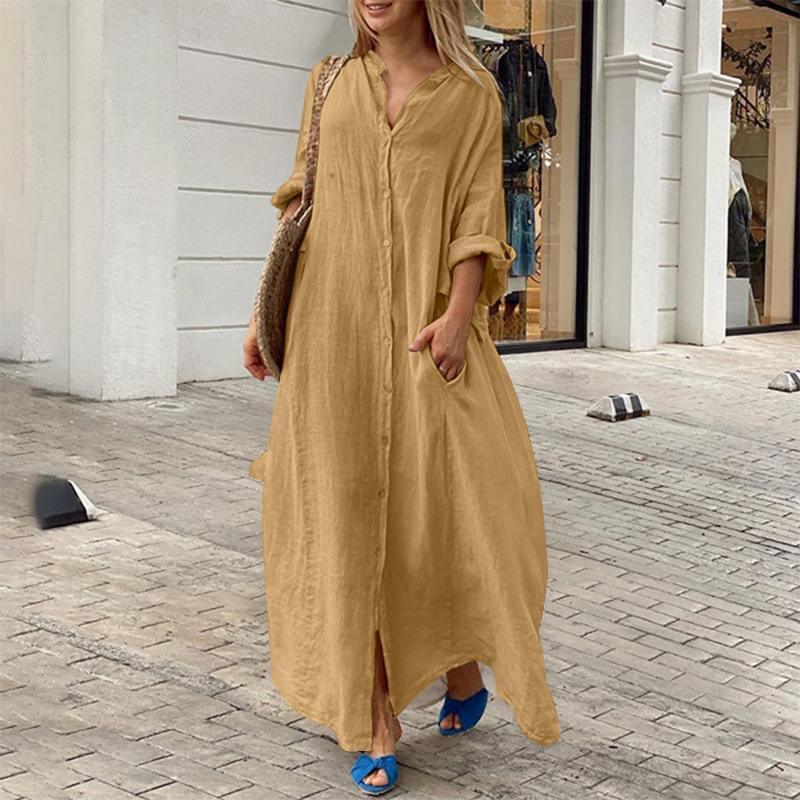 Baumwoll-Leinen-Langes Kleid Mit Stehkragen Für Lässigen Sommer Damen