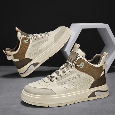 Leather Middle Top Men'S Board Shoes Autumn Leather Splicing Thick Sole Height Increase Leisure Work Sports Trendy Shoes Men'S Shoes