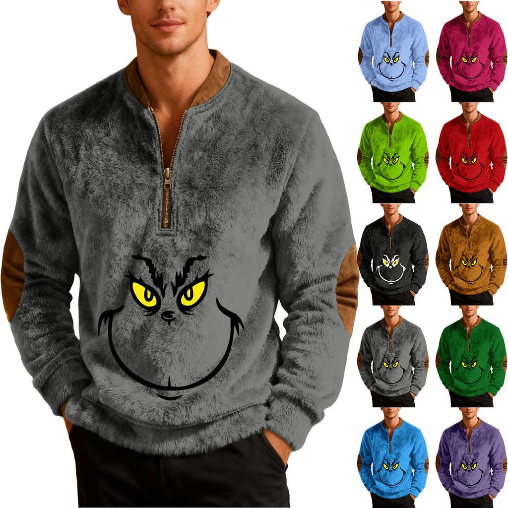 Mens Christmas Sweater Zip Up Sweatshirts Vintage Knit Graphic Sweatshirt Xmas Stand Collar Pullover