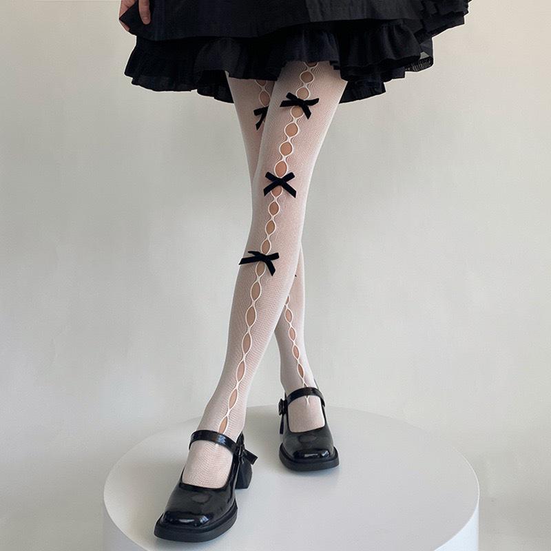 White Fishnet Bowknot Stockings: Women's Thin Spring/Autumn JK Style, Milk White, Sexy Black Silk, Anti-Snag Pantyhose