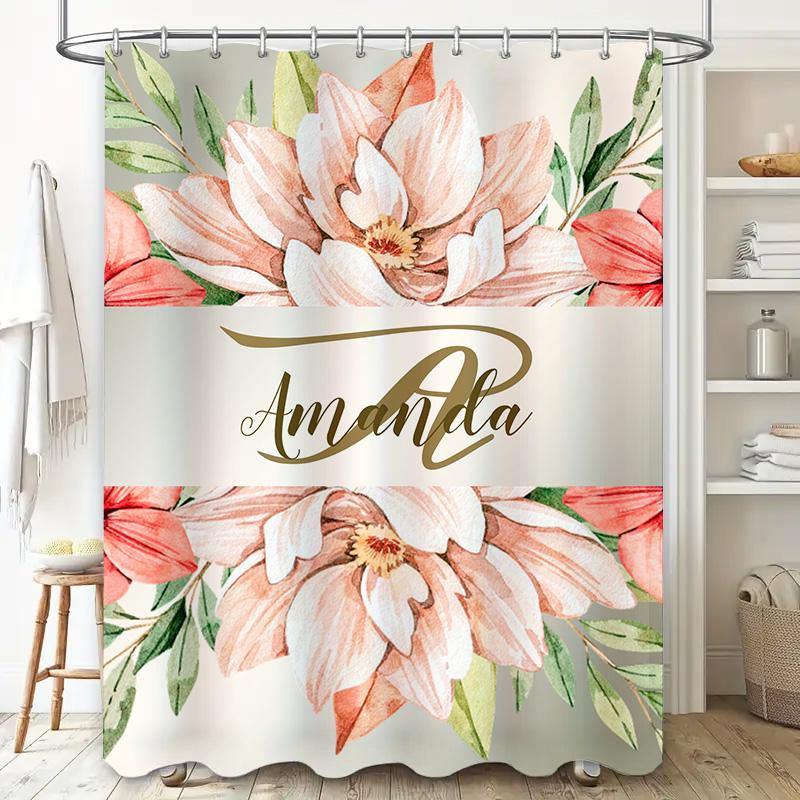 Watercolor Floral Personalized Name Bath Shower Curtain Set Decor
