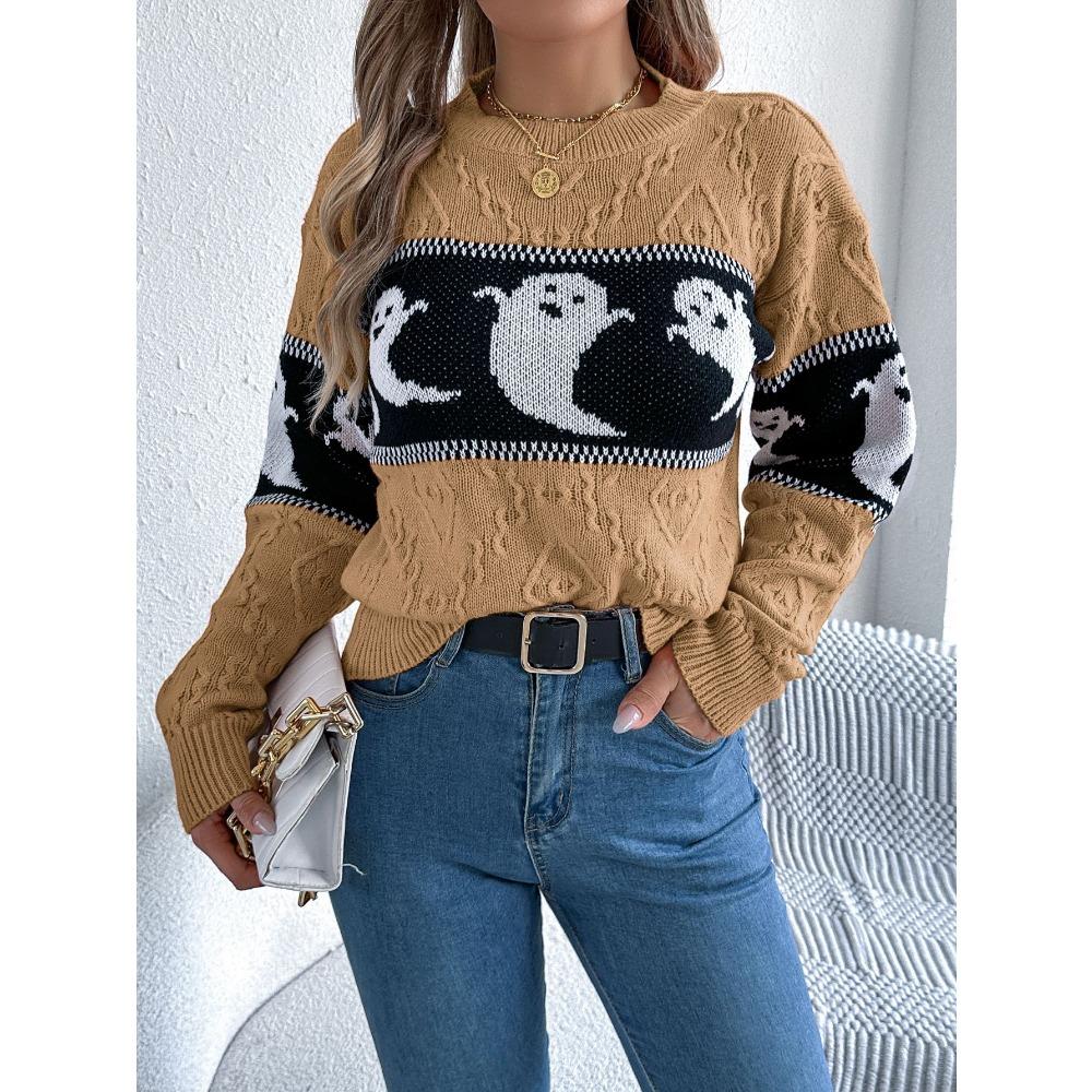 Autumn/Winter Women's Hoodie Halloween-themed Ghost Contrast-colour Long-sleeved Pullover Women's Knitted Sweater Top