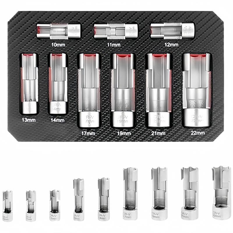 9PCS Oxygen Sensor Removal Tool Set With Slotted Sockets And Fuel Line Disconnect Wrench For Automotive Repair Mechanic Tools Silver 9Pcs