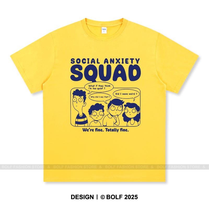 Women's Social Anxiety Squad Printed T-Shirt 100% Cotton Oversized Relatable Graphic Tees for Men Summer Tops Mood Streetwear