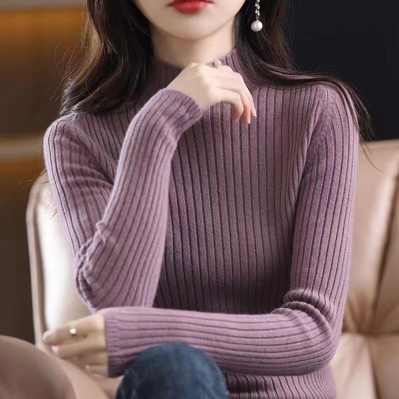 Solid Color Semi-turtleneck Bottoming Shirt Women's Inner High-end Sense Fashion Versatile Vertical Stripe Slim-fit Knitted Sweater Spring