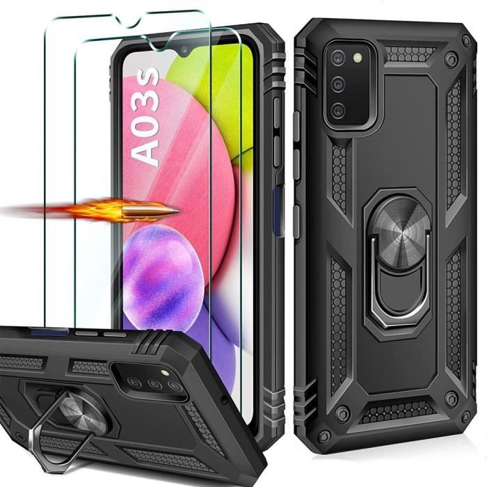 Coque pour Samsung Galaxy A03s + 2 Verres Trempés - Protection Rigide Noir avec Anneau Support