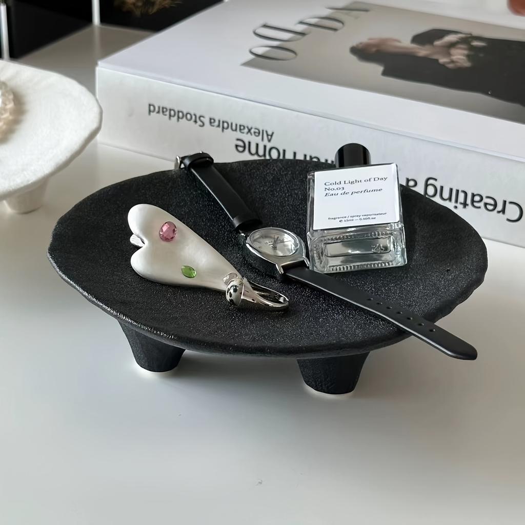 Keramisk smyckesbricka för kvinnor - 1 stycke, Unik trebent konstdesign, Multifunktionell oval bordsaccessoarskål i keramik