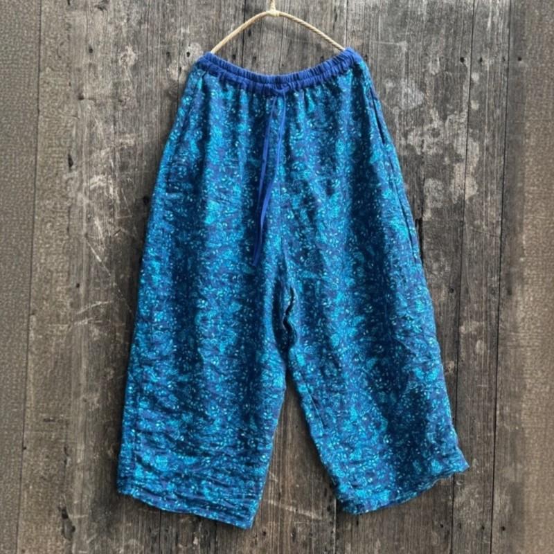 Johnature Women Vintage Wide Leg Pants Elastic Waist Pockets Autumn Loose Trousers Print Floral Belt Soft Pants