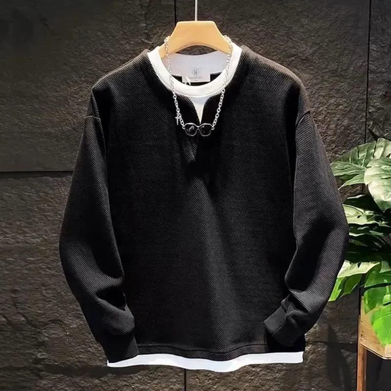 Solid Color Labeling Waffle Round Neck Pullover Loose Version Casual Sweater Men's Long-sleeved Top