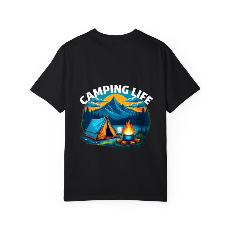 Camping Life T-Shirt White Mountain Tent Campfire Scene Outdoor Adventure Design for Nature Lovers Hiking and Camping Activities