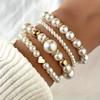 New 4 Pcs/Set Imitation Pearl Beaded Bracelets Set for Women  Gold Color Heart Big Pearl Bracelet Trendy Jewelry Gifts