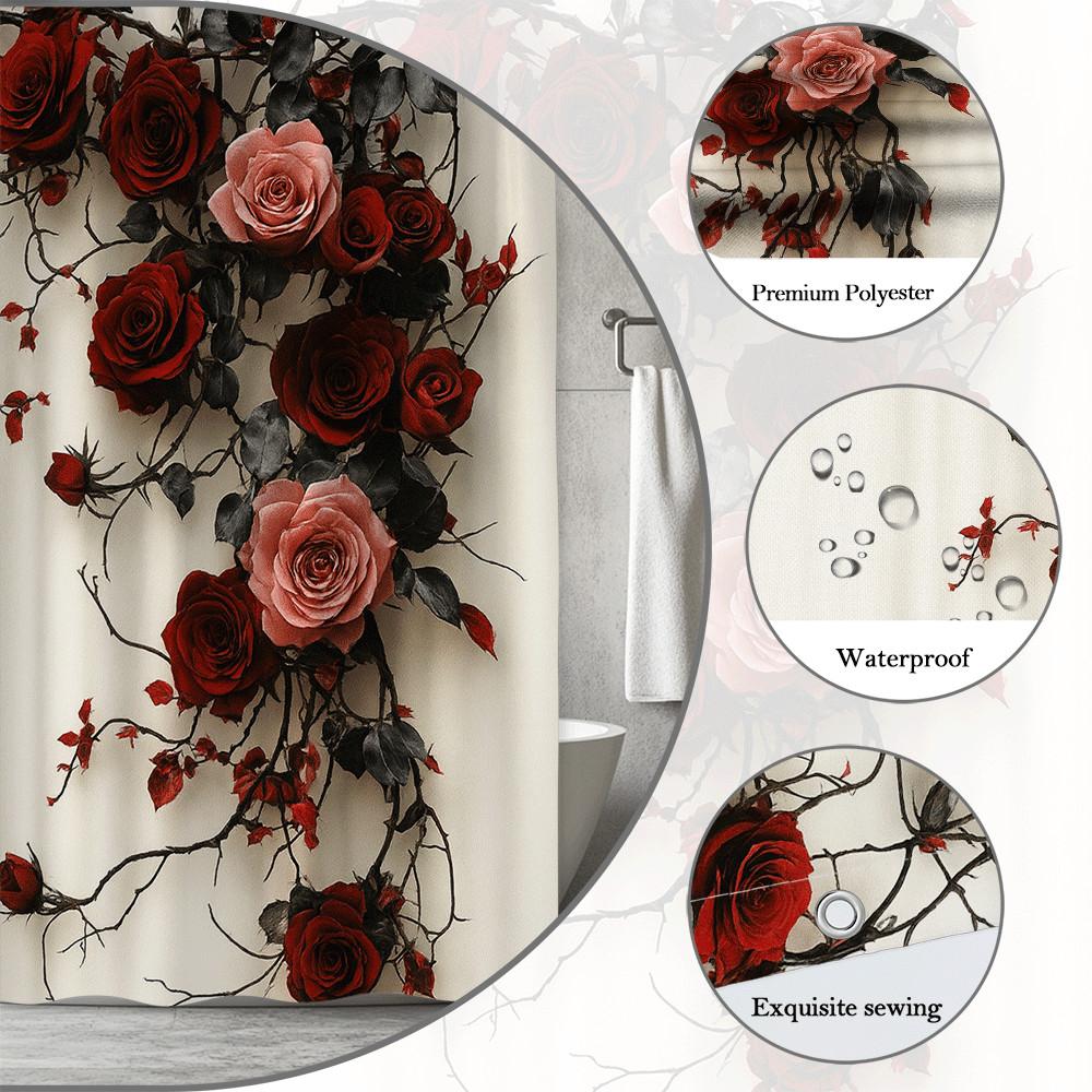 Red Roses And Black Branches Shower Curtain Dramatic Floral Design On White Background Romantic Bathroom Decor Waterproof