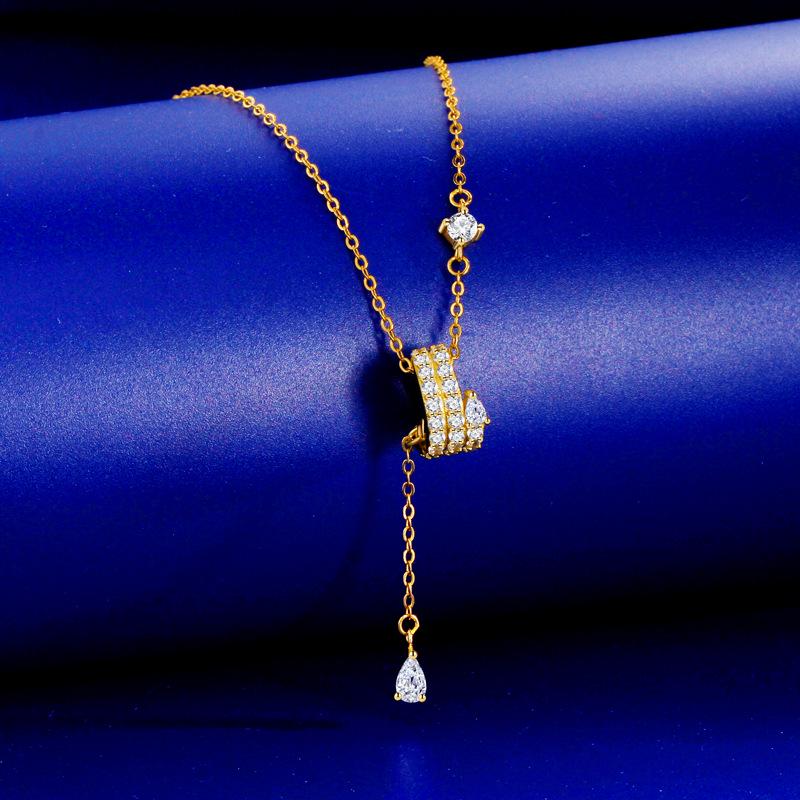 

S925 Sterling Silver Snake Necklace with Water Drop Tassel & Inlaid Diamonds - Women s Versatile Clavicle Chain 925 Silver золотой