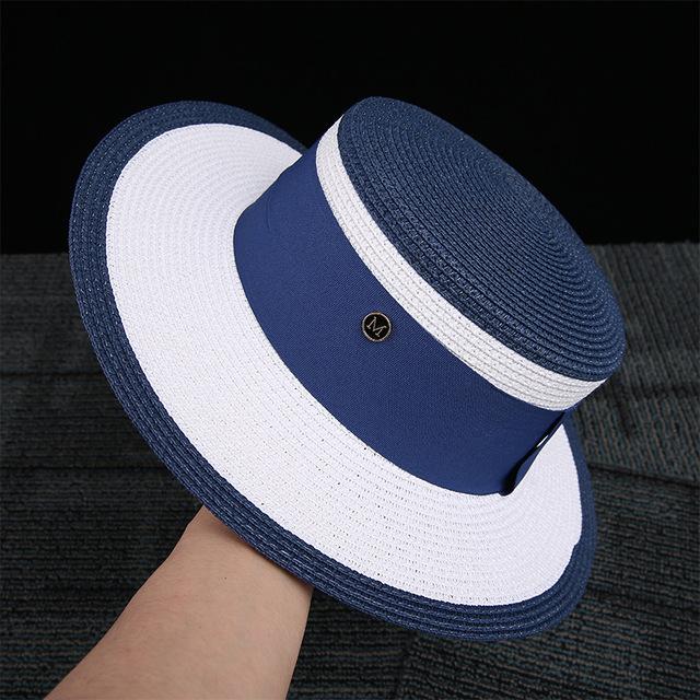 Women's summer beach straw hat beach shade sun protection color blocked flat top sun hat British versatile top hat