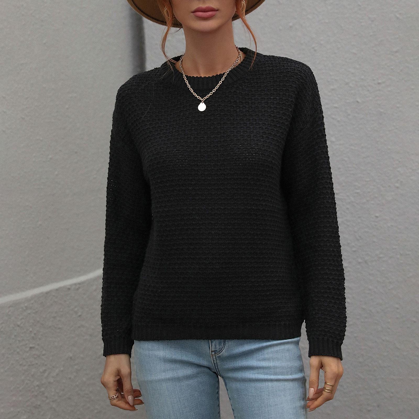 

Women s And Winter Solid Round Neck Long Sleeve Knit Sweater Pullover Sweater M чорний