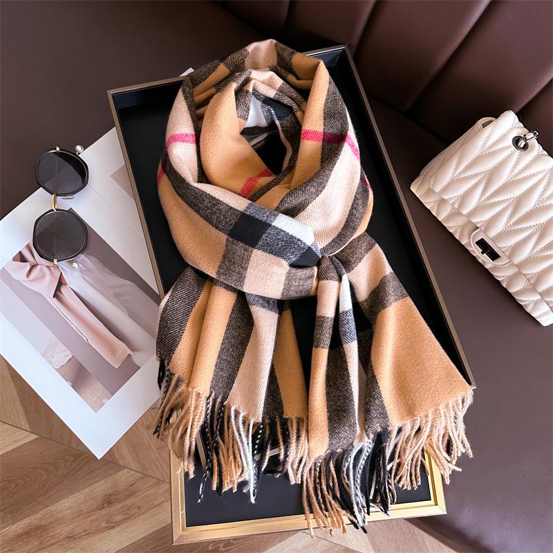 2024 Trendy Unisex Plaid Cashmere-Feel Tassel Shawl Snood Scarf for Autumn/Winter