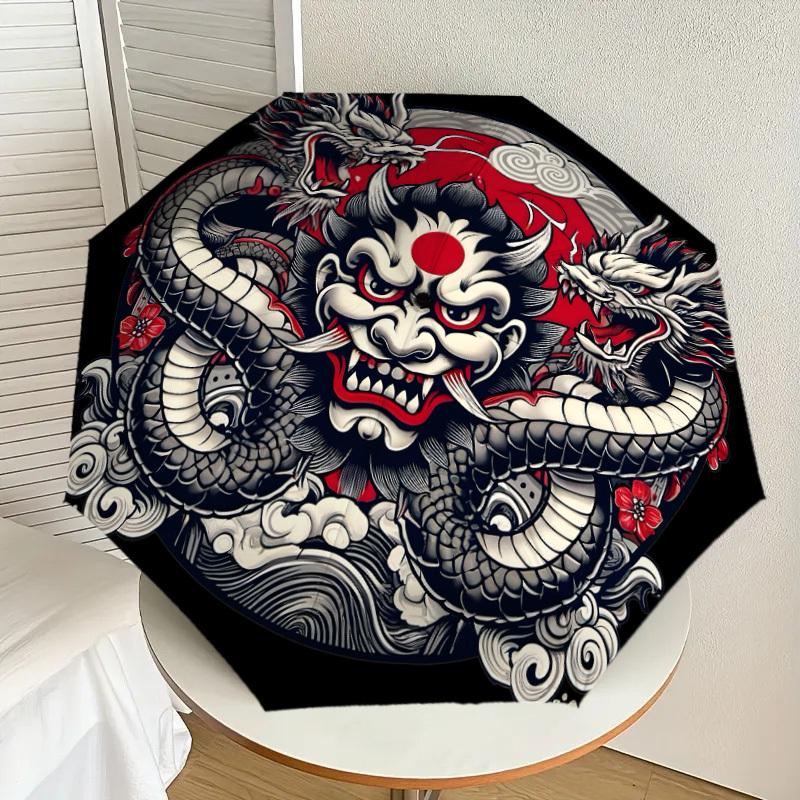 

1pc Japanese Demon Mask with Dragons Umbrella with Plastic Handle,Suitable for All Seasons Home Travel Outdoor UmbrellaDD1058