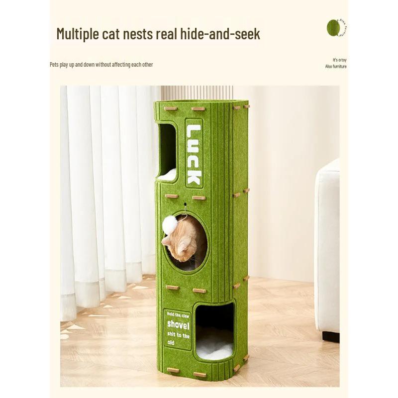 Waterwood Space-Saving Cat Climbing Frame: Felt Barrel Nest with Three Layers and Tree Hole for Big Cats