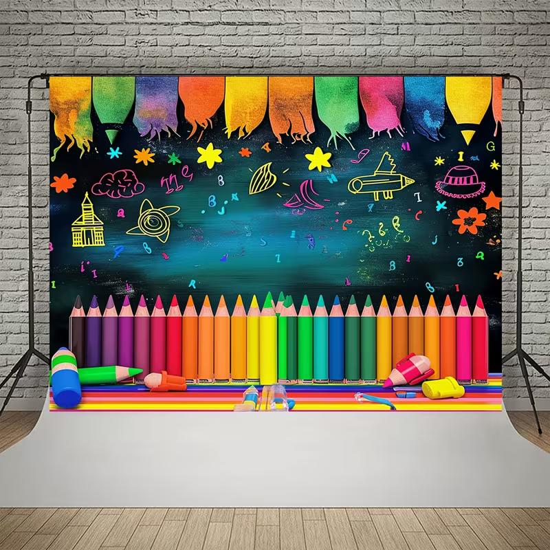 2D Colorful Crayon Blackboard Photography Backdrop, Children Art Class Background