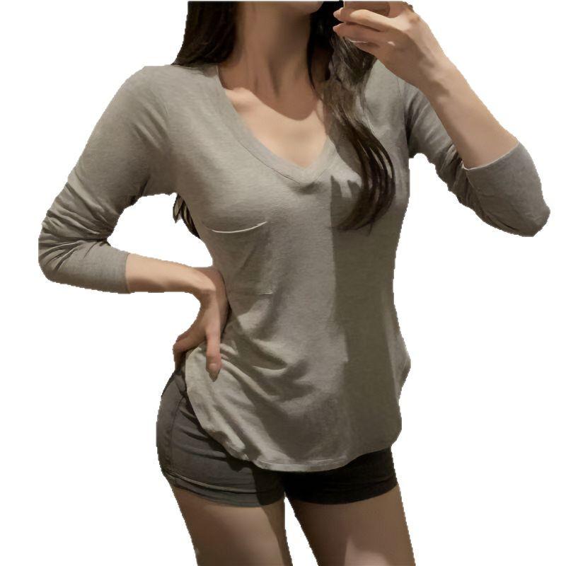 Women's V-Neck Long Sleeve T-shirt, 2025 Spring/Autumn Collection - Stylish Irregular Hem, Hot Girl Pure Desire Style
