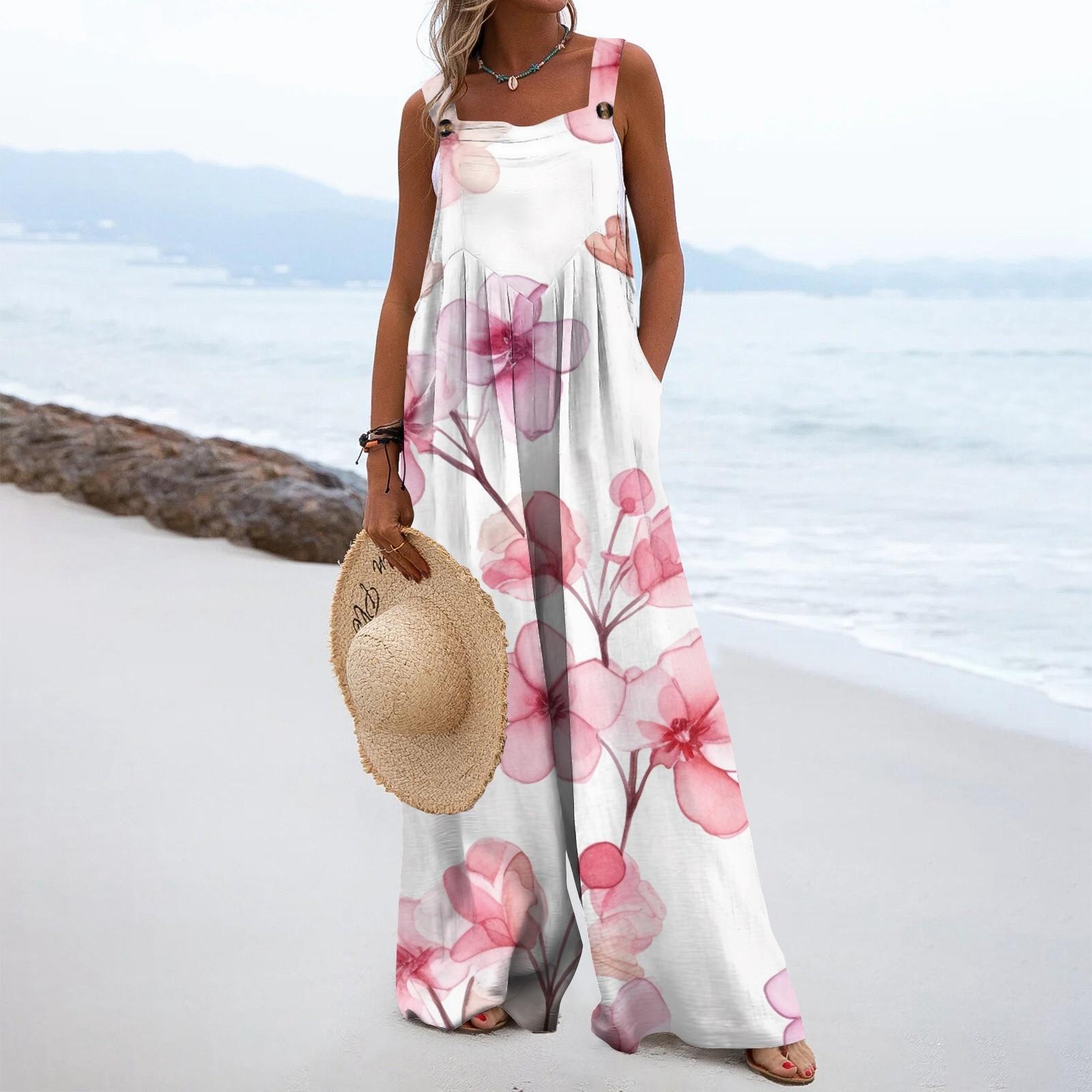 

Женский модный свободный комбинезон без рукавов с цветочным принтом и карманами XXL розовый