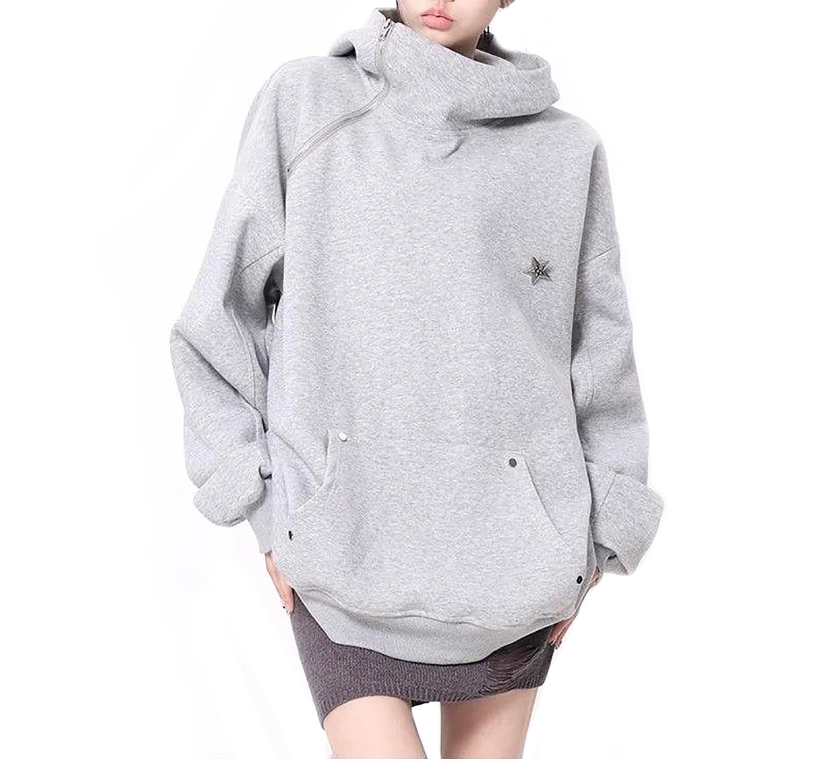 

TOWYYO Худи с высоким воротом и молнией-звездой, однотонное, длинное, свободное, больших размеров, объемное, в стиле ниндзя, зимнее, женское, в стиле Харадзюку, украшение, застежка, цвет, серый
