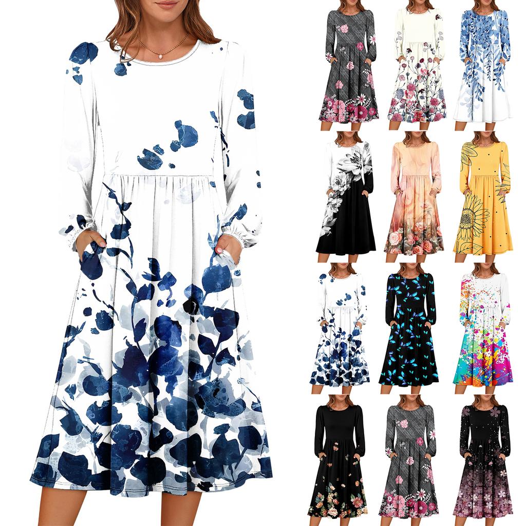 Women's fashionable loose retro printed round-neck dress