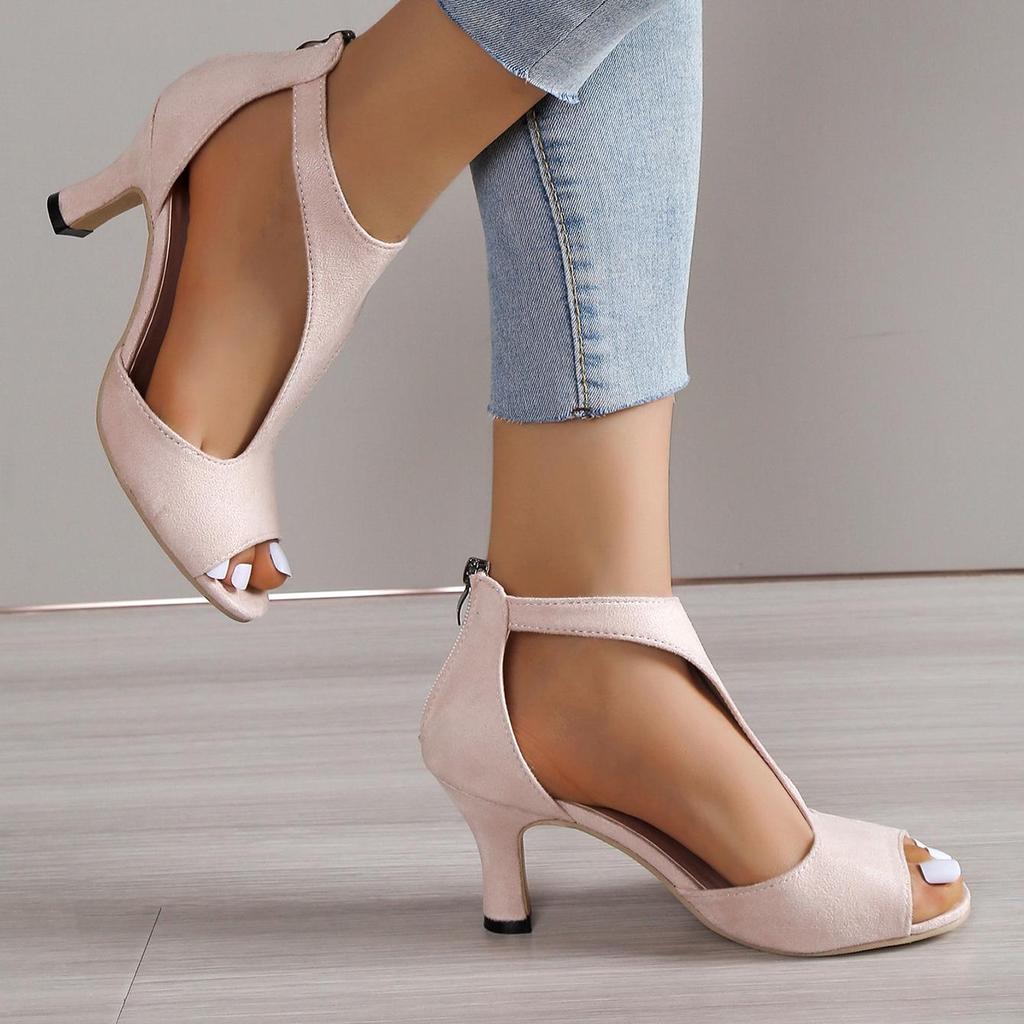 Women Back Zipper Heel Fish Mouth Sandals Summer Large Size Side Air Thin Heel Roman