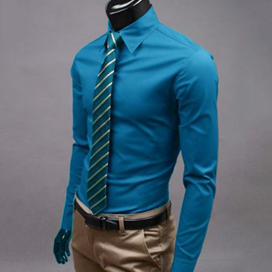 Mode Herren Einfarbig Slim Fit Langarm Button Down Kragen Hemd Top