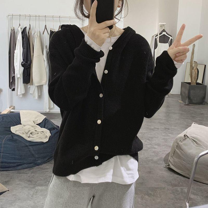 

Вязаный кардиган с капюшоном, пальто для женщин, весна и осень 2023, новый свободный свитер, нижняя верхняя одежда, дизайн, кардиган, свитер, верх One Size чёрный