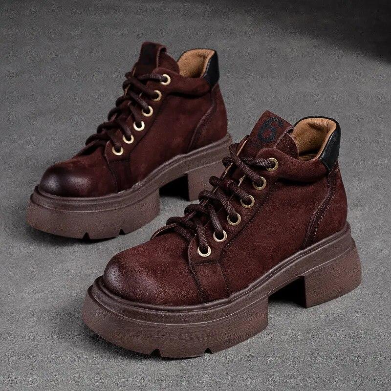 Johnature Retro Genuine Leather Lace-up Short Boots Round Toe Thick Sole Casual Versatile Women's Shoes