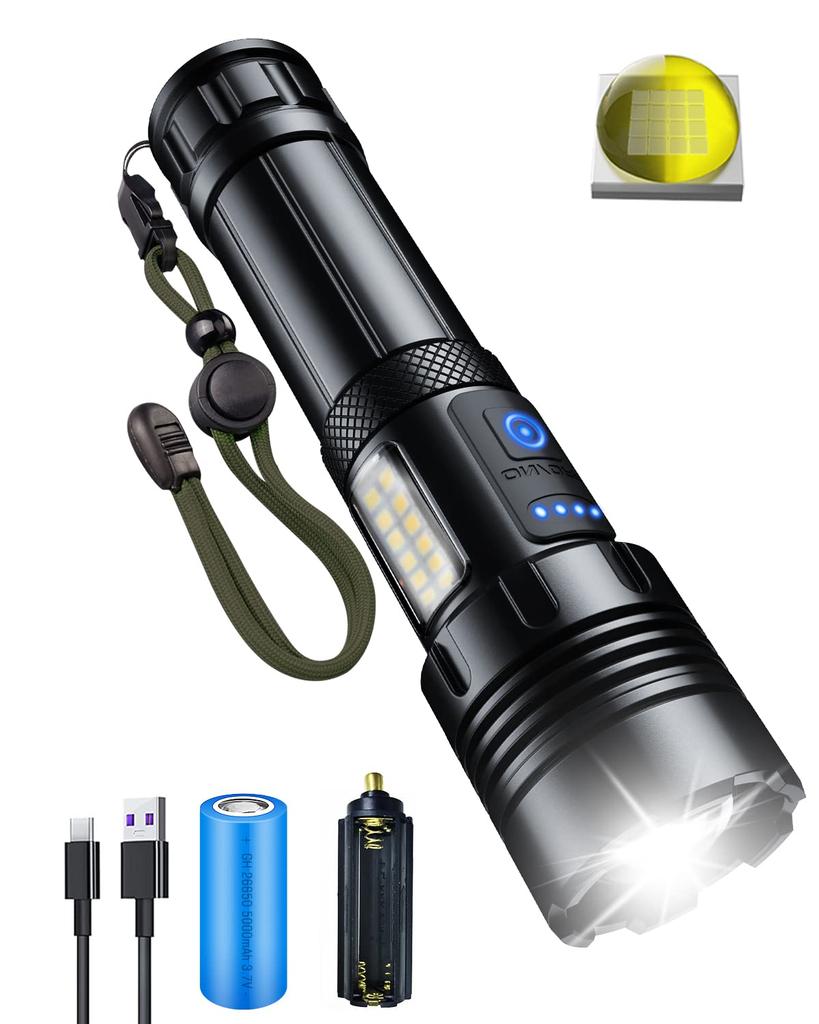 XHP160 LED Powerful Lumens with 7 Lighting Modes 3 Main Bulbs 4 COB Powerful Handheld Compatible with IPX6 Aluminum Battery Level Ideal for Disaster