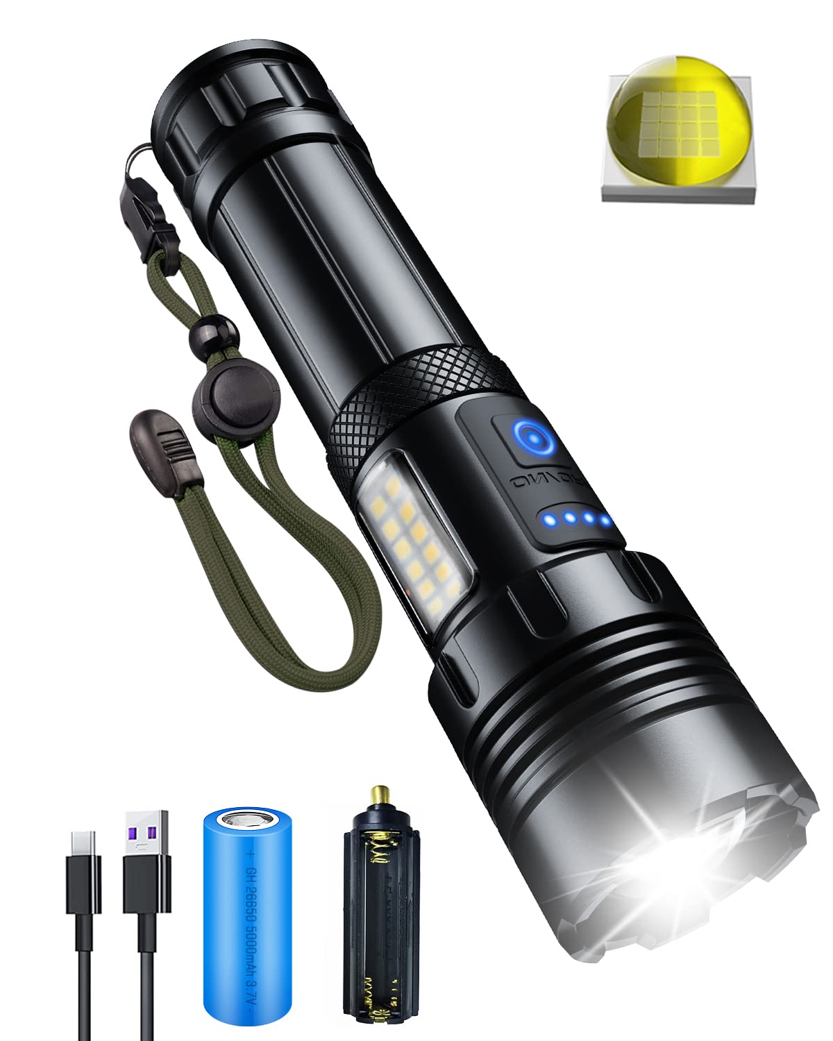 

XHP160 LED Powerful Lumens with 7 Lighting Modes 3 Main Bulbs 4 COB Powerful Handheld Compatible with IPX6 Aluminum Battery Level Ideal for Disaster