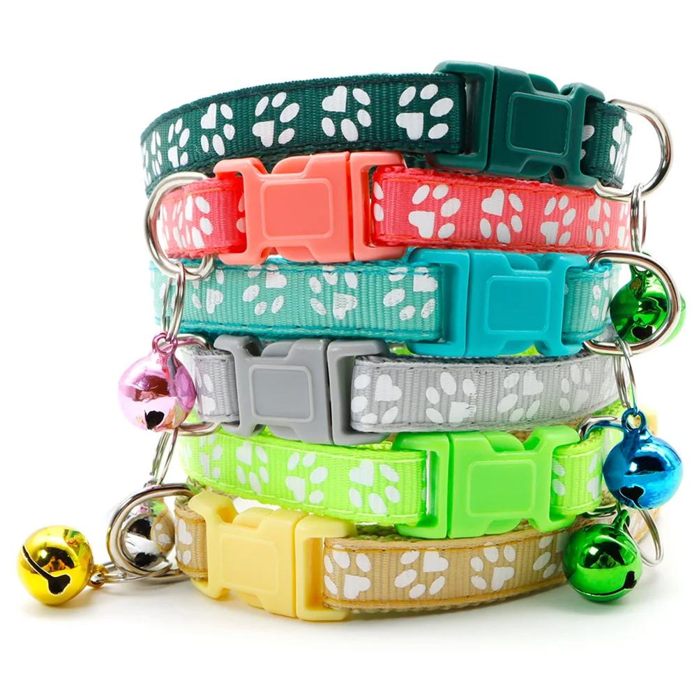 12Pcs Mix Color Anti-Lost Dog Collars Pet Cat Puppy Buckle Collar with Bell 6 Colors Footprint