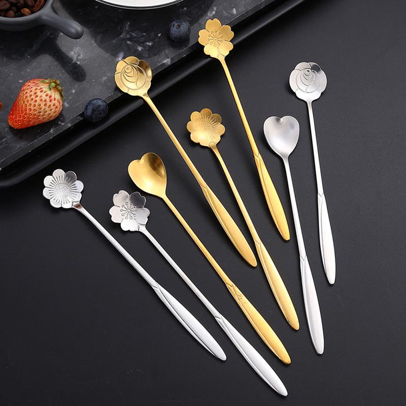 4Pcs/Set Mixing Spoons Small Flower Teaspoon Stainless Steel Coffee Spoon Cute Ice Cream Dessert Spoon Kitchen Accessories