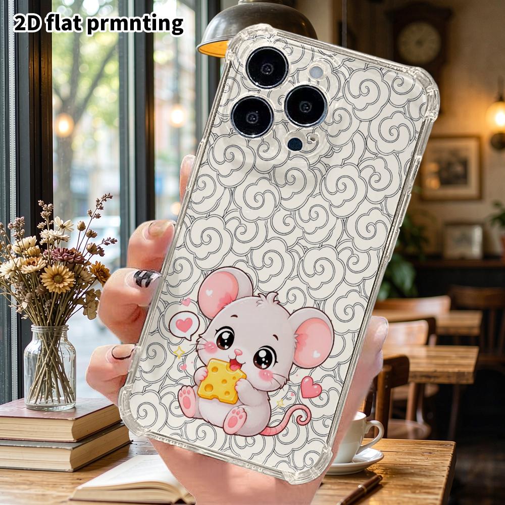Phone Case: 2D Flat, Fits iPhone 18 17 16 15 14 13 Pro, Transparent Four Corner Protective Case, Cheese Eating Little Mouse, Christmas and Halloween G