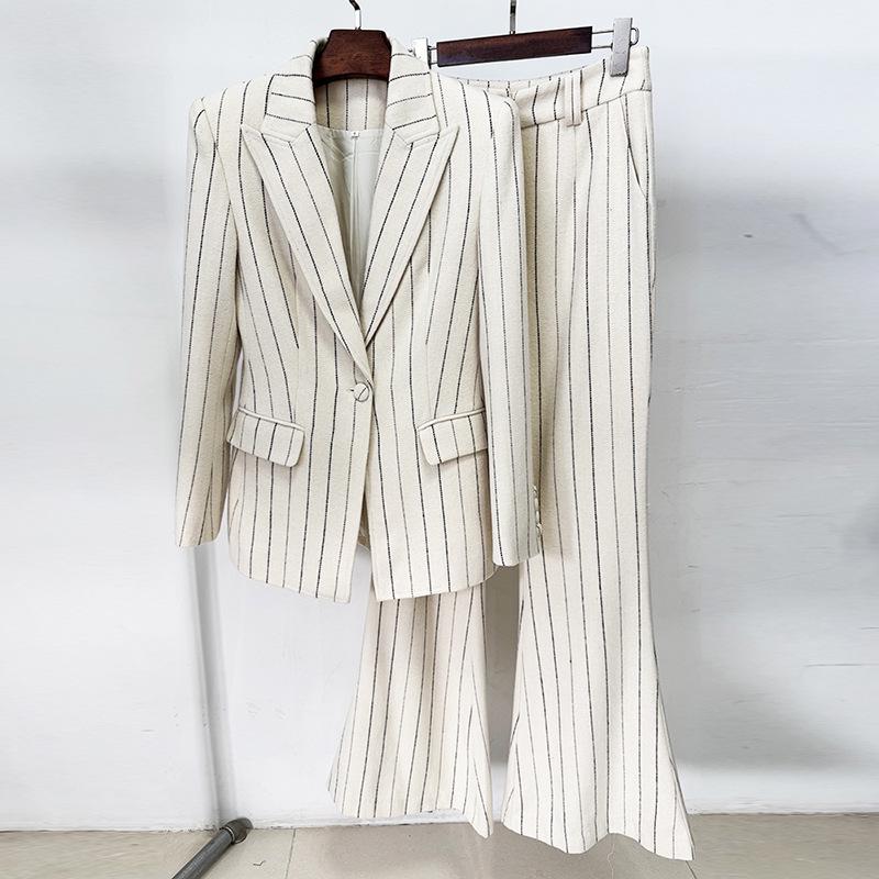 

2026 Designer Vertical Stripe Wool Suit Set - High-End Jacket & Pants Extra Large бежевый