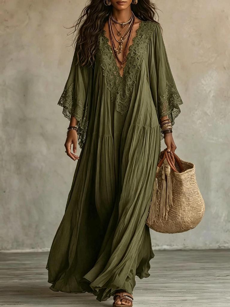 Bohemian Lace Patchwork Chiffon Dress - Western Style Hot Item