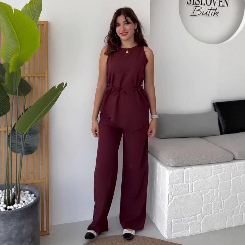 

Летний повседневный женский комплект из двух предметов без рукавов 2025: Топ с круглым вырезом и брюки Extra Extra Large вино красного