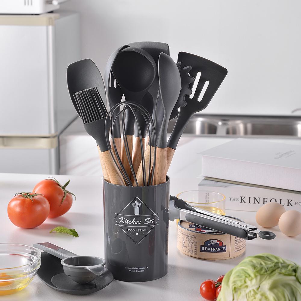 14-Piece Non-Stick Silicone Kitchenware Set with Wooden Handles