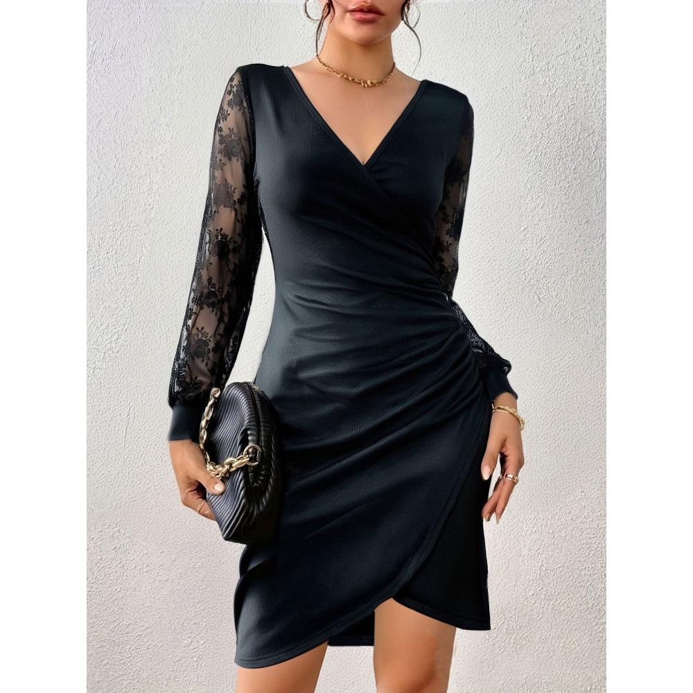 Women s V Neck Long Sleeve Lace Patchwork Bodycon High Waist Elegant Wrap Mini Dress S