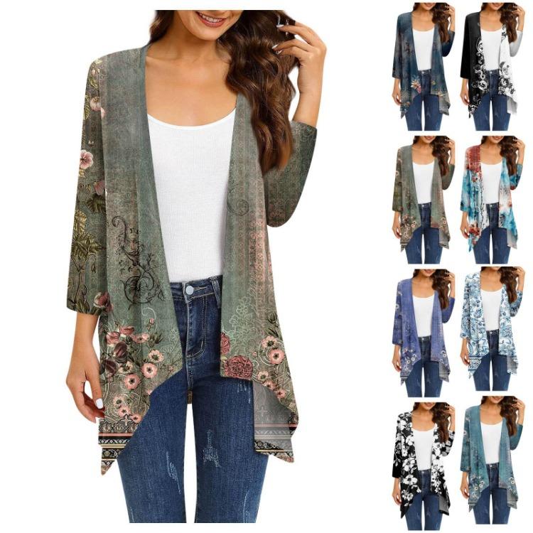 Women Cardigan Jacket With Pocket Three Quarter Sleeve Irregular Print